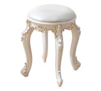 Banc de toilette vintage sculpté Tabouret de maquillage rond 43 cm Chaise de piano sans dossier avec coussin rembourré Sculpté en bois pour chambre à coucher Salon Restaurant(Pearl leather)