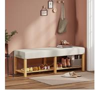 Banc d'entrée 140 cm en bois massif avec assise rembourrée blanc crème, style scandinave