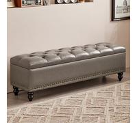 Banc d'entrée élégant et capitonné - Cuir ciré à l'huile, Grand Espace de Rangement, Structure en Bois Massif, Pieds en Forme de Gourde, idéal pour la Chambre et pour se chausser, Gris, 100