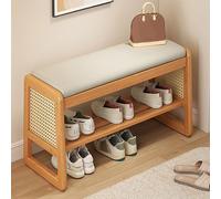 Banc d'entrée en bois avec rangement à chaussures et support latéral en rotin, banc de lit rembourré avec étagère de rangement pour salon et chambre à coucher