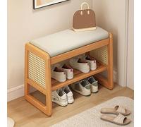 Banc d'entrée en bois avec rangement à chaussures et support latéral en rotin, banc de lit rembourré avec étagère de rangement pour salon et chambre à coucher