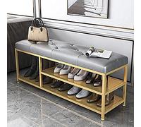 Banc d'entrée en cuir gris avec repose-bottes, tabouret à chaussures rembourré et support, meuble à chaussures d'entrée, dimensions 24x14x18 in / 60 x 35 x 45 cm