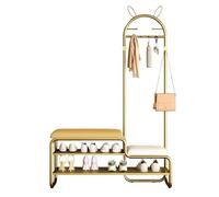 Banc d'entrée jaune clair avec siège rembourré, 6 crochets en métal, étagère à chaussures double 4 en 1 et support de suspension pour entrée, couloir, chambre à coucher (100 cm)