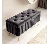 Banc d'entrée touffeté en velours avec espace de rangement et repose-pieds capitonné pour chambre à coucher et salon, design élégant gris foncé avec pieds dorés (60 cm)