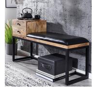FineBuy Banc 100x35x60 cm Bois Massif Cuir Véritable Noir, Tiroir