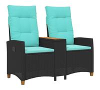 Banc inclinable 2 places en polyrotin avec table basse 126 x 65 x 112 cm | Dossier multi-positions, coussin amovible, utilisation extérieure patio, design moderne, couleurs noir et turquoise