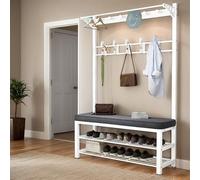 Banc industriel avec siège rembourré et rangement à chaussures - Porte-manteau mural pour la maison et le bureau - Gain de place - Pour manteaux, chapeaux et chaussures (blanc, 80 cm)