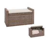 Banc M92 banc de vestiaire banc pouf, avec espace de rangement coussin Kubu rotin 88cm ~ gris-brun