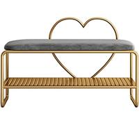 Banc moderne de rangement à chaussures pour couloir, entrée nordique créative en fer en forme de cœur, tabouret à langer simple en métal, tabouret à chaussures d'entrée avec coussins (gris + or, 80 x