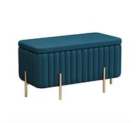 Banc ottoman de luxe en velours doux avec assise de rangement et repose-pieds - Tabouret de toilette contemporain avec pieds en métal - Bleu paon rembourré - 70 x 45 x 42 cm