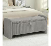 Banc ottoman de rangement en velours côtelé gris capitonné avec charnière de sécurité, siège de rangement linéaire élégant pour chambre à coucher, salon, entrée