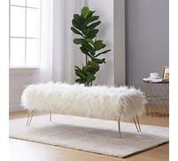 Banc ottoman moderne contemporain en fausse fourrure avec pieds en métal doré, blanc, 80 cm (L) x 45 cm (l) x 42 cm (H)