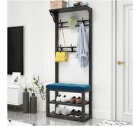 Banc porte-manteau rotatif en bois massif avec siège rembourré et chaussures à 2 niveaux - Solution de rangement élégante pour l'entrée (tissu noir et bleu, 100 cm)