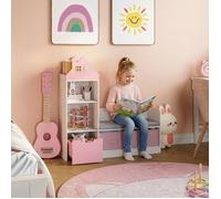 [en.casa] Banc pour Enfants avec Étagère Coussin Rembourré Doux Assise Confortable Compartiments Ouverts et 2 Boîtes Amovibles Panneau de Particules MDF Polyester 100 x 99 x 30 cm Blanc Rose