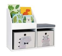 Banc pour enfants Relaxdays avec rangement, 72 x 79 x 31 cm, 2 boîtes pliantes animaux, coussin, blanc/gris