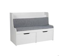 Banc pour enfants Relaxdays avec rangement, H x L x P : 70 x 100 x 45 cm, 2 tiroirs, étagère, coussin, blanc/gris