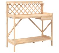 Banc pour pots de fleurs avec treillis en bois massif de sapin | Étagères ouvertes, tiroir, crochets métalliques, rail supérieur, design ventilé pour jardin ou terrasse