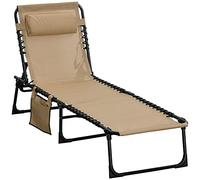 Banc Solaire Pliable Outsunny avec Pochette et Dossier réglable, Banc Solaire de Jardin avec Coussin, siège en Tissu Respirant, pour la Plage, la Piscine et Le Jardin, 58x189x30cm, Beige