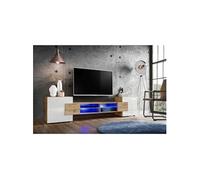 Banc TV Komodee MERANO - Blanc Brillant et Bois naturel - 230 x 53 cm