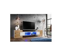 Banc TV Komodee MERANO - LED Bleues - Bois naturel Mat et Blanc - 230 x 53 cm