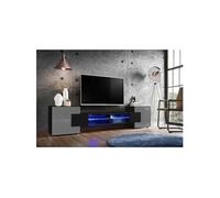 Banc TV Komodee MERANO - LED Bleues - Gris Brillant et Noir - 230 x 53 cm