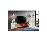 Banc TV Komodee MERANO - LED RGB - Bois Naturel et Blanc - 230 x 53 cm