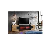 Komodee Meuble TV Merano A2 Noir/Noir/Wotan 230x52,5x35 cm | Meuble Banc TV Merano, Noir Noir Wotan, Largeur 230 cm x Hauteur 52,5 cm x Profondeur 35 cm, LED RGB, pour Salon, Chambre