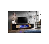 Meuble Banc TV Merano Version 2 Komodee - LED Bleues - Noir Brillant et Bois naturel - 230 x 53 x 35 cm