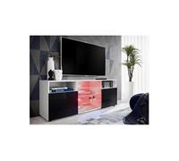 Komodee, Meuble Banc TV Urbino, Blanc Noir, Largeur 140cm x Hauteur 53cm x Profondeur 35cm, LED RGB, pour Salon, Chambre