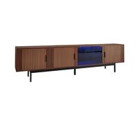 Banc TV Long Design avec vitrine en Verre trempé, Bande LED Bluetooth, Montage Simple à Deux Personnes, Structure Stable et résistante, Style idéal pour décoration Moderne (Marron Noyer+Noir)