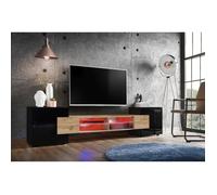 Komodee, Meuble Banc TV Merano, Noir Wotan Noir, Largeur 230 cm x Hauteur 52,5 cm x Profondeur 35 cm, LED RGB, pour Salon, Chambre