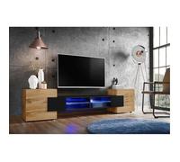 Banc TV Merano Version 1 Komodee - LED Bleues - Noir Brillant et Bois naturel - 230 x 53 x 35 cm