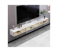 Banc TV Meuble TV Flottant, Grand Meuble TV Mural de Rangement, Console multimédia TV Flottante de Luxe Blanche avec 3 Portes en Verre doré, Meubles de Salon Modernes Espace Rangement(200x29x20.4cm)