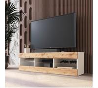 Banc TV Tivoli RTV Komodee - sans LED - Bois Naturel et Blanc - Facades en Mat - 140 x 41 x 35 cm
