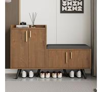 Bancs à chaussures modernes avec veines de bois, armoire à chaussures, quatre portes de rangement, poignées asymétriques en métal, B120/D34/H82