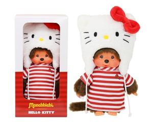 BANDAI Monchhichi - Peluche Monchhichi Hello Kitty - Peluche Singe Iconique des années 80 - Peluche Toute Douce 20 cm pour Enfants et Adultes - Jouet Enfant 2 Ans et + - SE252848