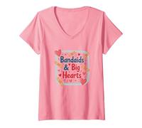 Bandaids & Big Hearts : Cadeau de Reconnaissance pour Une infirmière attentionnée T-Shirt avec Col en V, Femme, Rose, XXL
