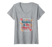 Bandaids & Big Hearts : Cadeau de Reconnaissance pour Une infirmière attentionnée T-Shirt avec Col en V, Femme, Gris Chiné, XXL