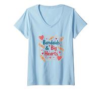 Bandaids & Big Hearts : Cadeau de Reconnaissance pour Une infirmière attentionnée T-Shirt avec Col en V, Femme, Bleu Céleste, XXL
