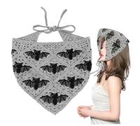 Bandana à motif chauve-souris écharpe triangulaire en tricot de coton pour femme accessoire de coiffure style Halloween en nuances gris couvre-chef vintage au crochet