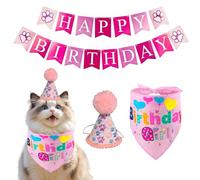 Bandana d'anniversaire pour Chat, Décorations d'anniversaire pour Chat, Bandana Rose avec Chapeau Conique, Bannière « Joyeux Anniversaire » pour Animaux de Compagnie Chatons Chiens Tenues de Fête