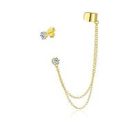 Bande de cartilage géométrique simple avec chaîne, manchette d'oreille, clou d'oreille CZ pour femmes, adolescents, hommes, plaqué or jaune en argent sterling .925