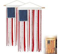 Bande de tissu drapeau américain éclairée à suspendre au mur par USB LED Glow Patriotique Rag Banner Vintage Dentelle Boho USA Guirlande pour 4 juillet Memorial Day Home Porche Night Party Decor (2