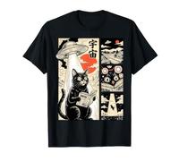 Bande dessinée Ukiyo-e de Chat Noir Japonais avec Abduction d'OVNI T-Shirt