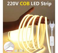 Bande lumineuse LED 220v avec interrupteur marche-arrêt, bande LED COB extérieure étanche, ruban Flexible pour chambre, cuisine, éclairage de jardin