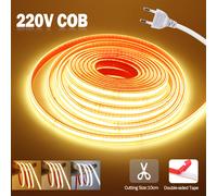 Bande lumineuse LED COB étanche, AC 220V, IP65, coupe 10cm, 240LED/M, 3000K, 4000K, 6000K, décoration d'intérieur, ruban flexible AC 220V EU Plug