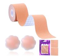 Bande Soutien Gorge Invisible Adhesif, Sein Adhesif Boob Tape, 2 Cache Tetons Femme Réutilisables, 1 Rouleau Ruban de Poitrine，2 pièces de Test, Body Tape pour Bonnet A-E Gros Seins