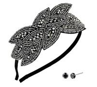 Bandeau 1920s Gatsby Taille S - Feuille Perles Cristal Vintage des Années 1920 Clapet pour Les Femmes 1pcs, avec Boucles d'Oreilles en Argent Sterling 925 1 Paire