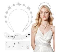Bandeau à Cheveux Étoile avec Strass Serre-tête Double Couche Étoile Argent et 2pcs Tatouage Visage avec Étoiles Femme et Fille
