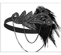 Bandeau à Plumes Ecowalson 1920's bandeau accessoires de déguisement Charleston costume clapet casque Great Gatsby plume perlé(Black)